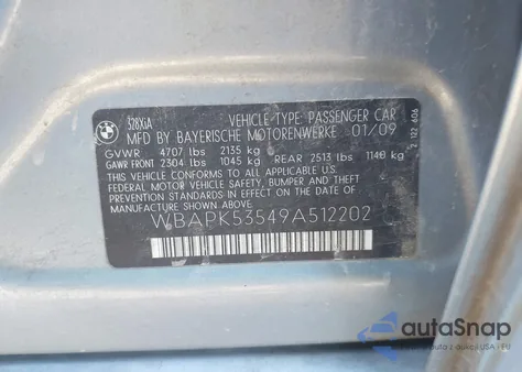 2009 BMW 328I xDrive from USA, damaged, VIN WBAPK53549A512202